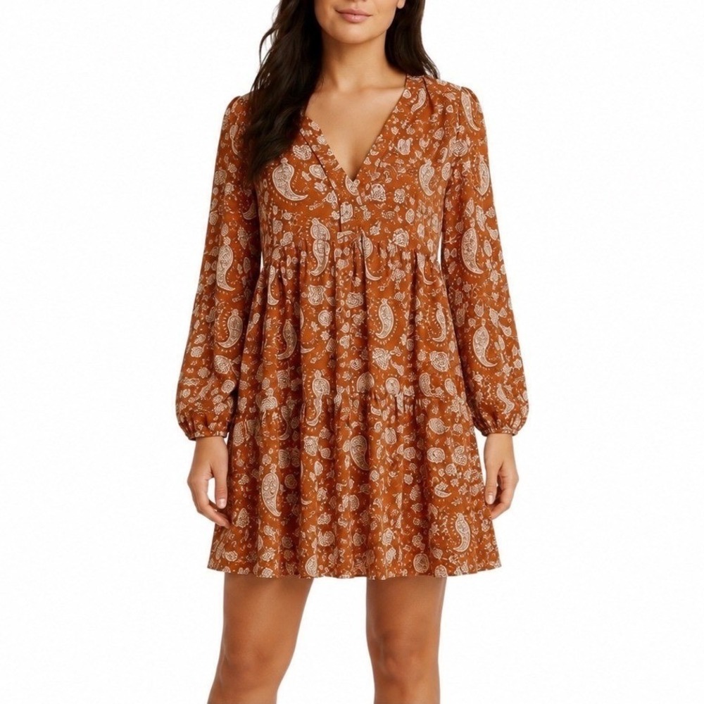 Melloday Large Pumpkin Orange Paisley Tiered Babydoll Mini Dress Dillards